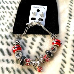 Disney Mickey & Minnie love charm bracelet with earrings.